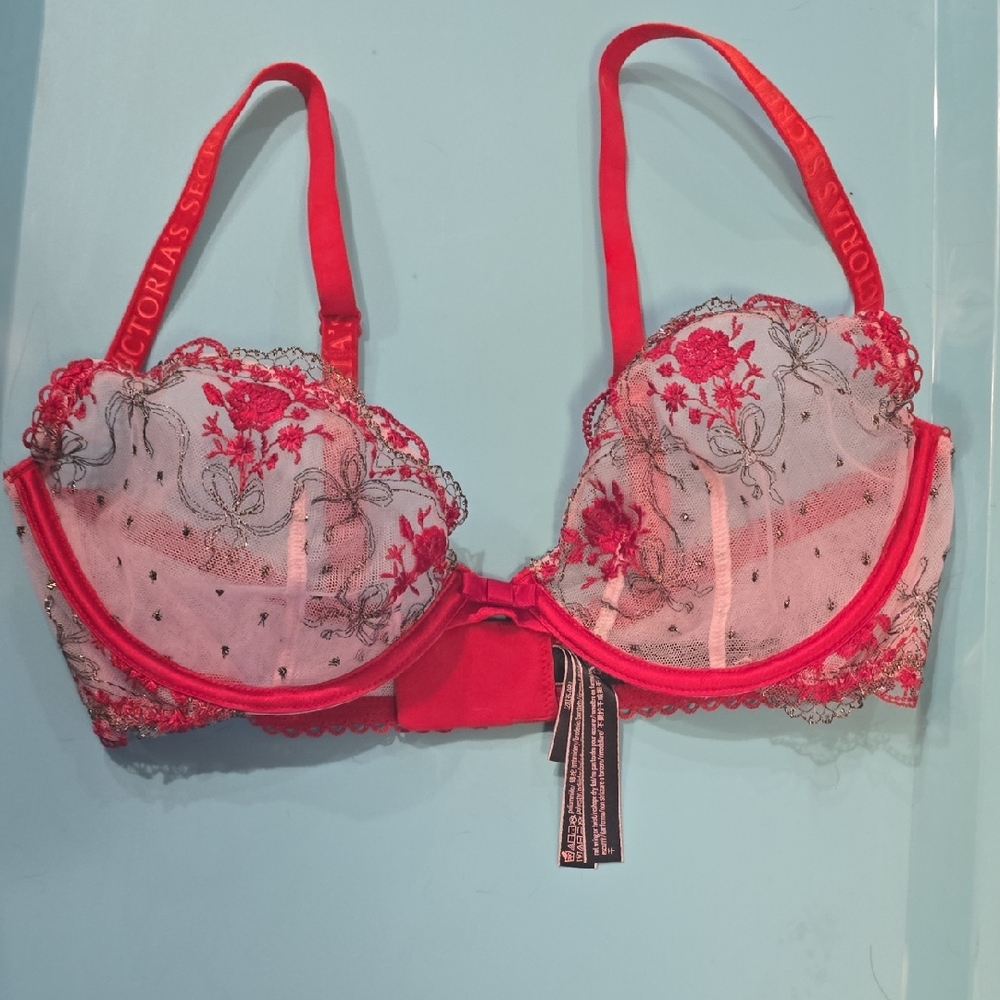 Victoria's Secret Red and Black Embroidered Bra